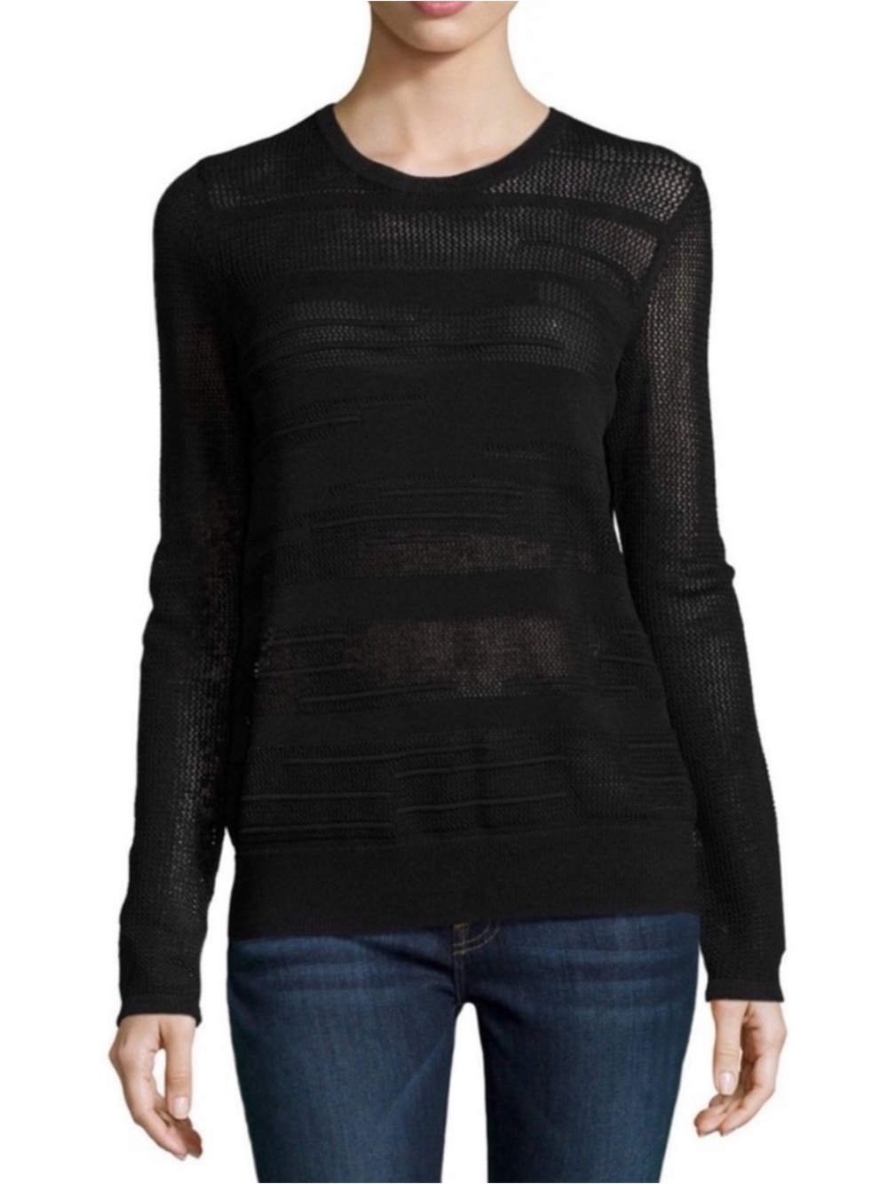 Vince Engineered Mesh Inset Crewneck Sweater Black Large